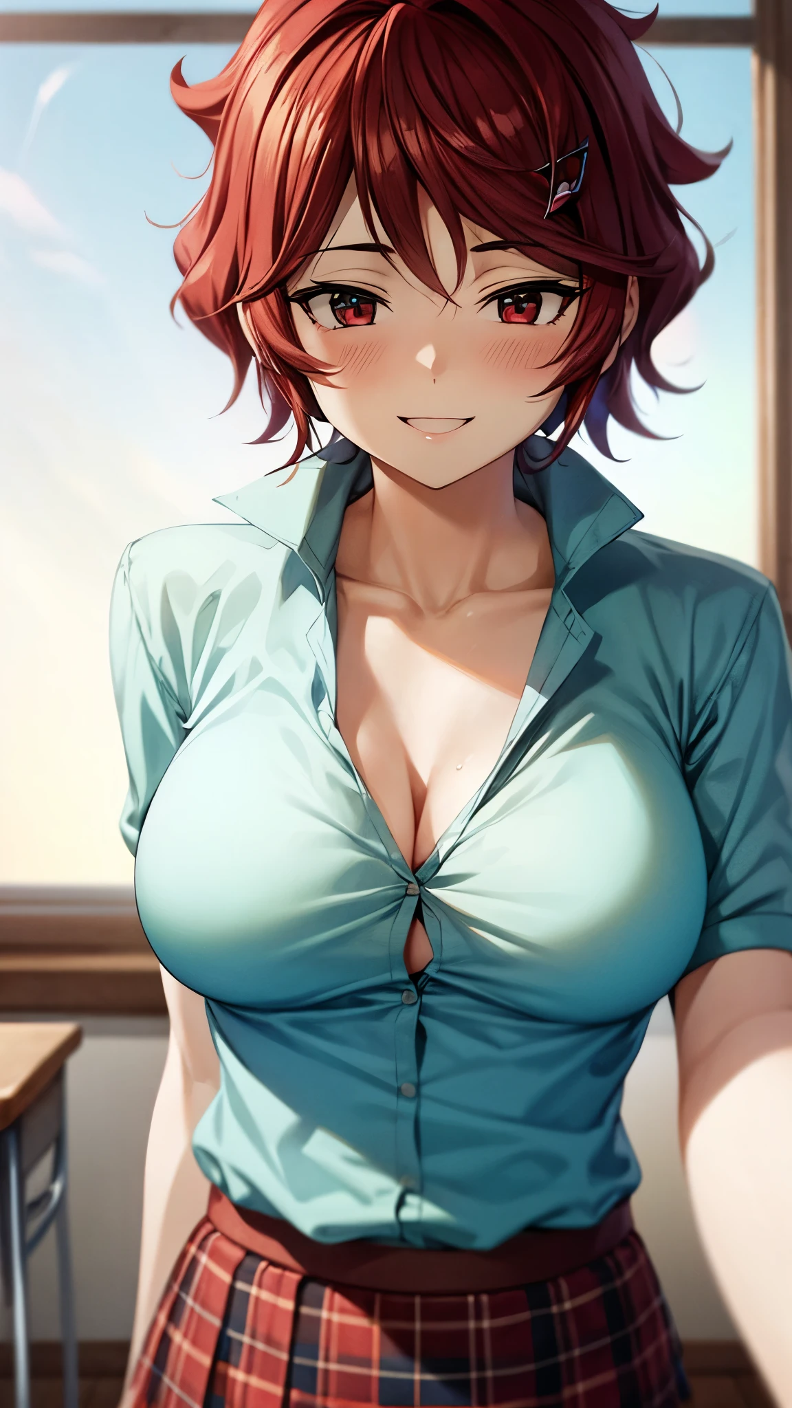 （ super high quality , super high resolution ,16k,super masterpiece,Ultra HD ,Detailed shading and background,）Upper body shot,A sexy girl looks up,（A white naked shirt that is spread wide and stands, cleavage, plaid mini skirt,）smile,Classroom where the sunset shines,