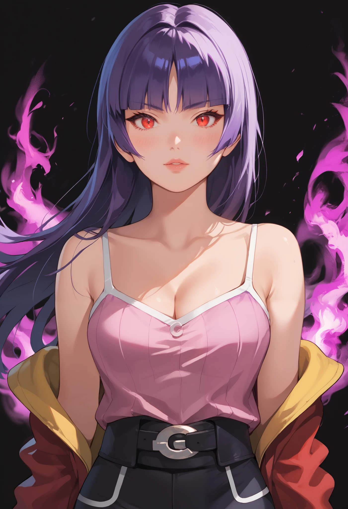 Score_9, score_8_up, score_7_up, score_6_up, source_anime, rating:general, 1girl, upper body, sabrina pokemon, purple hair, long hair, hime cut, stunning red eyes, pale skin, blush, perfect lips, sultry look, looking at viewer, pink camisole, tight white pants, medium sized breasts, exposed shoulders, cleavage, pokemon gym battle, solo, 8k quality, vivid colors, perfect shadowing, perfect lighting, cowboy shot, looking at viewer, SmokeyAura, Aura, Smoke, blazing aura  