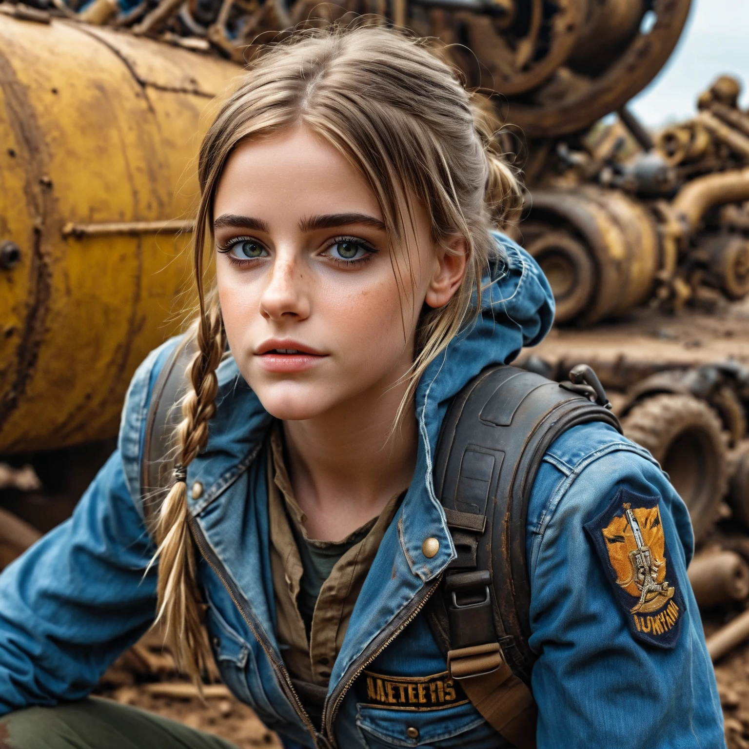 3 girls,  perfect likeness of young Emma Watson SDXL wearing blue and gold vaultgirl. Goggles on one girl, clothing torn, girls clothes and faces are dirty from battle. All girls petite and slim, small girls, short girls, fine detailed eyes, weapons slung over shoulders, leaning against a war vehicle, dented and rusty. , professionally color graded, professional photography, well drawn, masterpiece, hyper realistic, ultra detailed, high quality, best quality, 4k, 8k, hi resolution, very young girl, young face, cute, beautiful, ((NSFW、realistic)), 