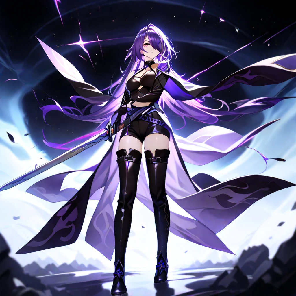 ,1girl, Alone,25 years old,long hair, purple hair, purple eyes, hair over one eye,standing,Hold the sword with both hands,Huangquan, def clothe, 1girl, long hair, purple eyes, purple hair, hair over one eye, thighhighs, breasts, boots, black gloves, blacks horts, cleavage, ( left single sleeve), long sleeve,( Holding a grip of a long, two-handed sword in both hands),(looking away),( expressionless), detailed, screen cap, very detailed, (detailed hair, eyes, and eyelashes:1.2),(masterpiece:1.2), (best quality:1.2), (very aesthetic:1.2), (Highly detailed CG, High resolution), (detailed background),newest, perfect anatomy,AI-generated,intricate details,safe),