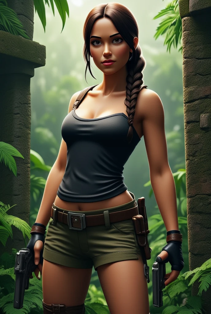 A fierce and adventurous woman standing in a jungle setting, holding a pistol confidently. She has a slim athletic build, a braid or ponytail, wearing a tank top and cargo shorts with a utility belt. The environment is lush and mysterious, with ancient ruins partially visible in the background. The atmosphere is intense, showcasing her as a strong and determined adventurer.
