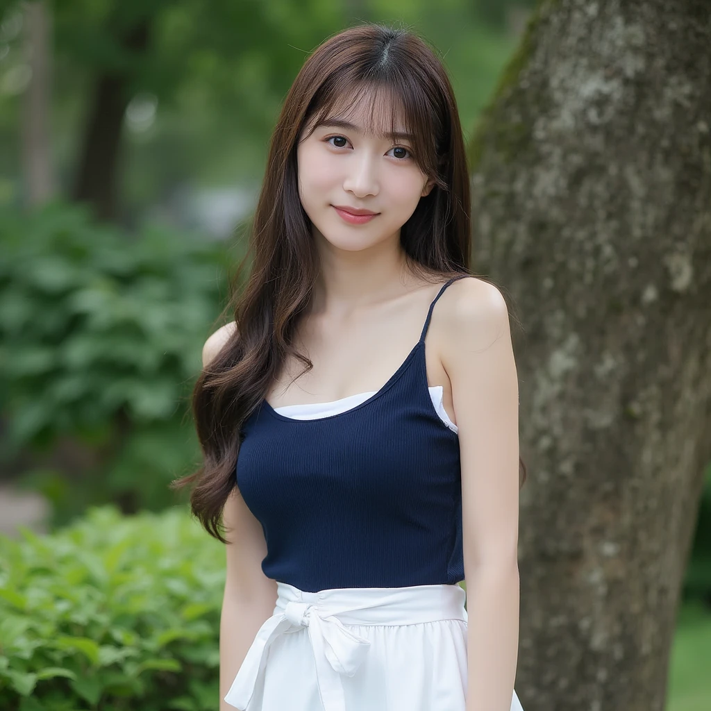 The image is a portrait of a young cute asian woman standing in front of a garden. She is facing the camera, with her body slightly turned to the side. She has long, dark hair with a side-swept fringe that falls over her shoulders. Her hair is styled in loose waves and falls over a shoulder. She wears a navy blue tank top with a white top underneath and a white skirt with a high waistline. She also has a white belt tied around her waist. Her body is slightly turned slightly to the left, with both hands resting on her knees. She appears to be confident and relaxed. In the background, there is a tree trunk and a bush with green foliage. The overall mood of the image is peaceful and serene.