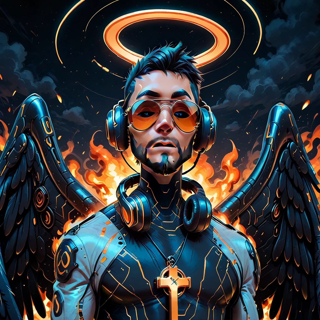 (masterpiece), expressive eyes, perfect face, newest, perfect anatomy, flawless face, Comic book drawing of African handsome male character with short haircut and beard, wearing a kangol, aviator glasses, headphones and grey jacket with black t-shirt underneath, wearing a crucifix, wings on his back, halo over his head, looking at viewer, descending from the sky, upper body, in an apocalyptic world, burning city