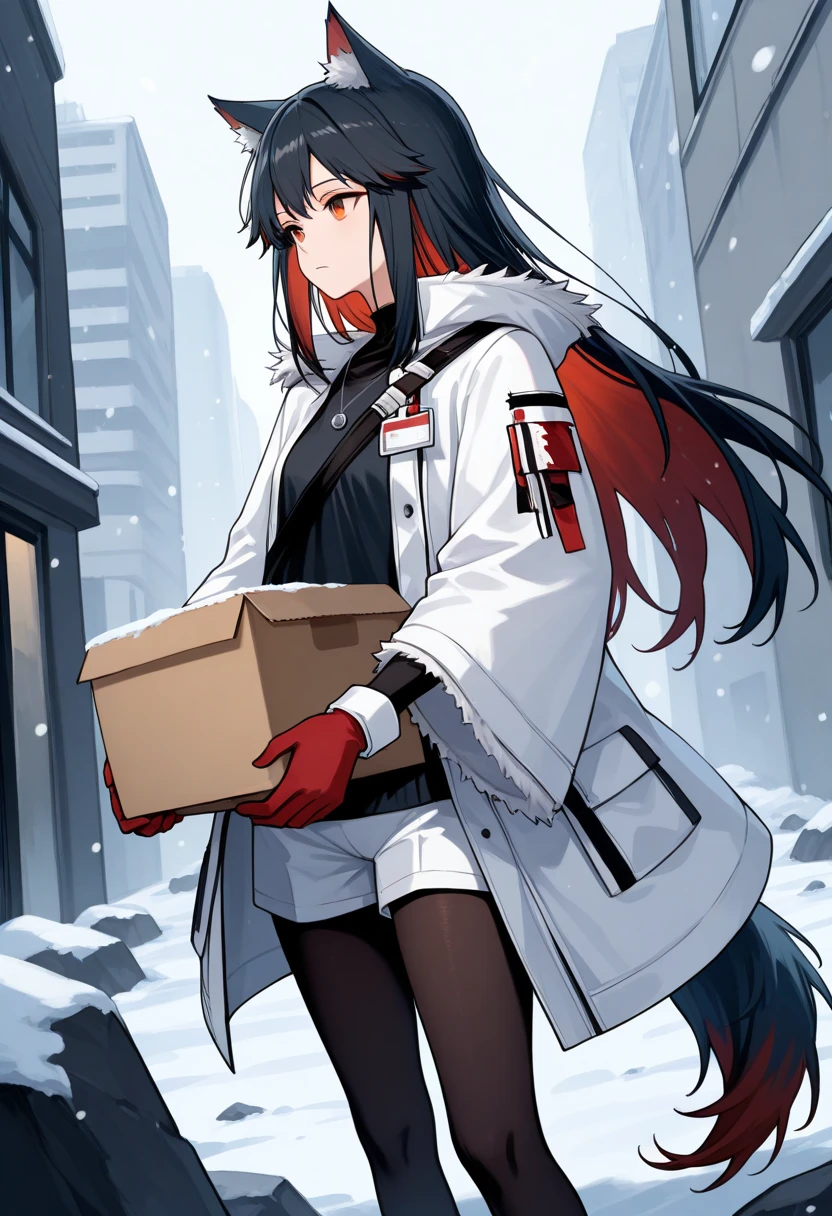 masterpiece, best quality, solo, 1girl, txswinter, wolf tail, expressionless, looking away, standing, holding box, two-handed, cardboard box, long hair, multicolored hair, black hair, red hair, animal ears, animal ear fluff, orange eyes, fur trim, white coat, fur-trimmed coat, open coat, id card, long sleeves, wide sleeves, fur-trimmed sleeves, black shirt, red gloves, white shorts, black pantyhose, necklace, shoulder strap, outdoors, snowing, city street, rock, debris
