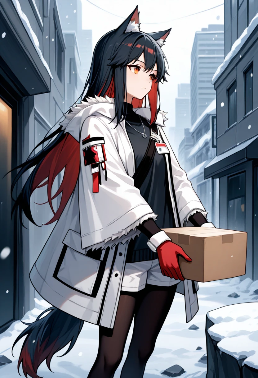 masterpiece, best quality, solo, 1girl, txswinter, wolf tail, expressionless, looking away, standing, holding box, two-handed, cardboard box, long hair, multicolored hair, black hair, red hair, animal ears, animal ear fluff, orange eyes, fur trim, white coat, fur-trimmed coat, open coat, id card, long sleeves, wide sleeves, fur-trimmed sleeves, black shirt, red gloves, white shorts, black pantyhose, necklace, shoulder strap, outdoors, snowing, city street, rock, debris
