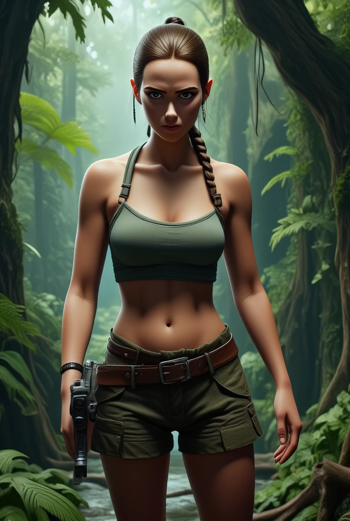 A fierce and adventurous woman standing in a jungle setting, holding a pistol confidently. She has a slim athletic build, a braid or ponytail, wearing a tank top and cargo shorts with a utility belt. The environment is lush and mysterious, with ancient ruins partially visible in the background. The atmosphere is intense, showcasing her as a strong and determined adventurer, realistic hands, five fingers in hands, five digits, 
