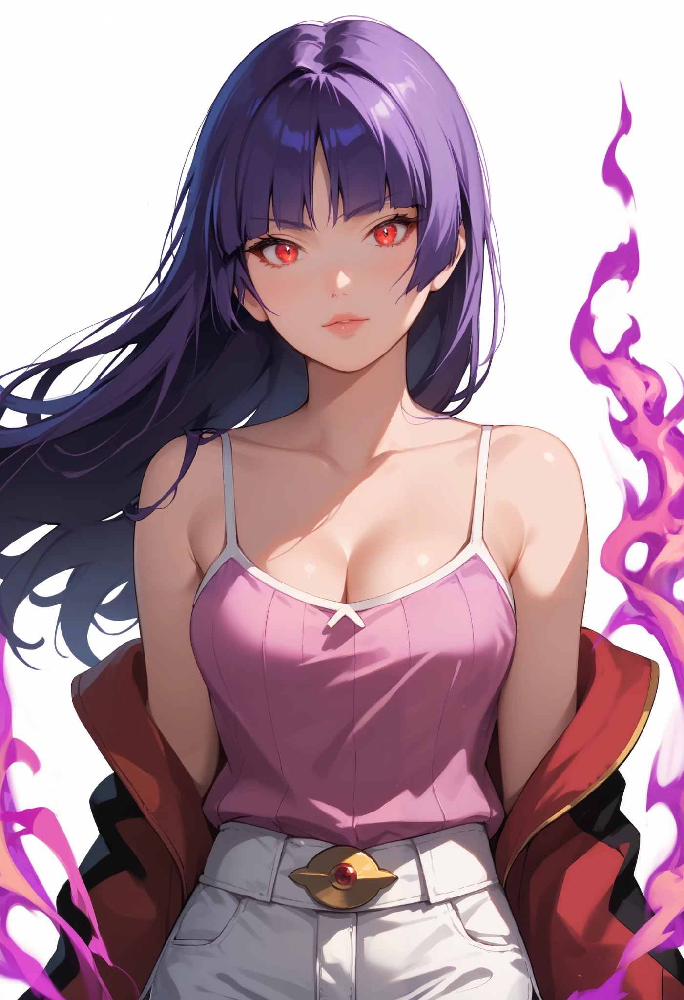 Score_9, score_8_up, score_7_up, score_6_up, source_anime, rating:general, 1girl, upper body, sabrina pokemon, purple hair, long hair, hime cut, stunning red eyes, pale skin, blush, perfect lips, sultry look, looking at viewer, pink camisole, white jean shorts, medium sized breasts, exposed shoulders, cleavage, neon pokemon gym, pokemon gym battle, solo, 8k quality, vivid colors, perfect shadowing, perfect lighting, cowboy shot, looking at viewer, SmokeyAura, Aura, Smoke, blazing aura  