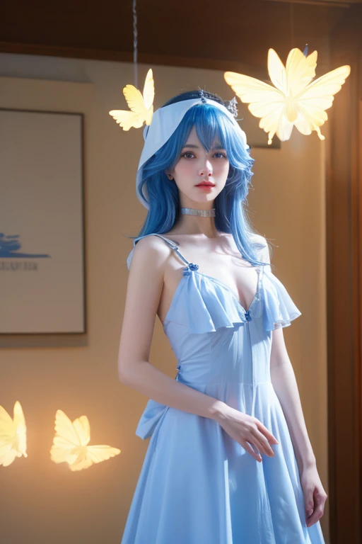 (1 Girl Solo, 1 Sexy Woman, Skyblue Hair, Short Hair, Waved Bub Cut,:1.4), ((maid cosplay, solo, looking at viewer, puffy short sleeves, puffy sleeves, short sleeves, 1girl, maid headdress, chain, frills, white gloves, cowboy shot, large breasts, pointy hair, gloves, smile, open mouth,gothic, gothic maid)), (cowgirl position, Cowboy shot:1.3), ((anatomically correct)), (Futuristic Portrait), (Extreme-Close-Up:1.2), Rim Lighting, Cinematic Light, (On The Bed, depth of field:1.2), no futuro telhado de luz neon, SSCI - FI e Fantasia, intrincado e muito bonito e elegante, altamente detalhado, pintura digital, art-station, arte conceitual, smooth and sharp focus, illustration, Arte de Tan Zi e Ayanamikodon e Alphonse Mucha e Wlop