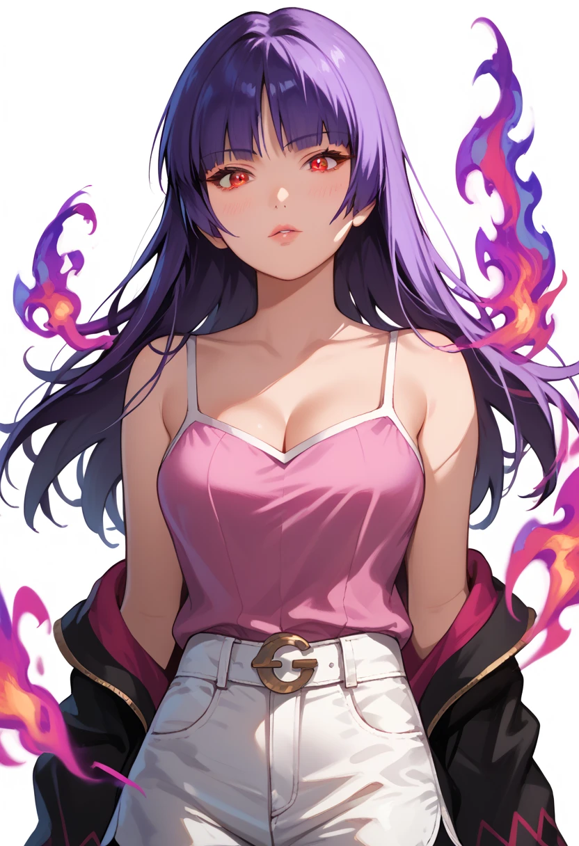 Score_9, score_8_up, score_7_up, score_6_up, source_anime, rating:general, 1girl, upper body, sabrina pokemon, purple hair, long hair, hime cut, stunning red eyes, pale skin, blush, perfect lips, sultry look, looking at viewer, pink camisole, white jean shorts, medium sized breasts, exposed shoulders, cleavage, neon gym background, solo, 8k quality, vivid colors, perfect shadowing, perfect lighting, cowboy shot, looking at viewer, SmokeyAura, Aura, Smoke, blazing aura  