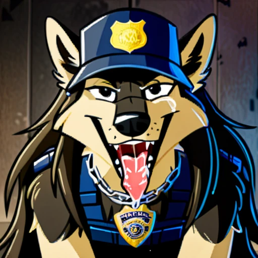 Long haired wolfdog, tactical k-9 armoured vest, black leather collar, chain collar, badge, police baseball cap, drooling saliva, anthro, furry, all fours, very body fur, three tone fur, Looking at viewer, Smile, Open Mouth, Very Long Hair, saddleback tan and white 