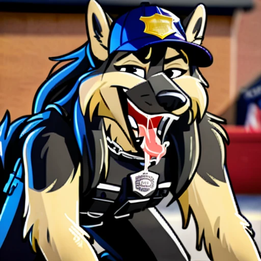 Long haired wolfdog, tactical k-9 armoured vest, black leather collar, chain collar, badge, police baseball cap, drooling saliva, anthro, furry, all fours, very body fur, three tone fur, Looking at viewer, Smile, Open Mouth, Very Long Hair, saddleback tan and white 