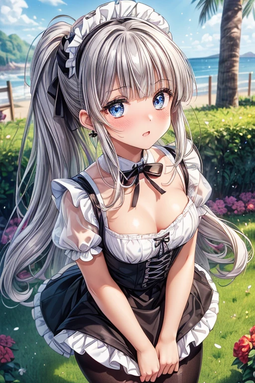 Silver Hair、blue eyes、girl、Small breasts、Twin tails、girl、Small breasts、Lolita、Bright smile、Looks about 15 years old、Petan Musume、He is short、目のhighlight、Sexy thighs、Flower Garden、color々The flowers are still blooming、I have a lot of bouquets、colorとりどりのバラがいっぱい、Mine-based costumes、Your eyes are so beautiful、highlight