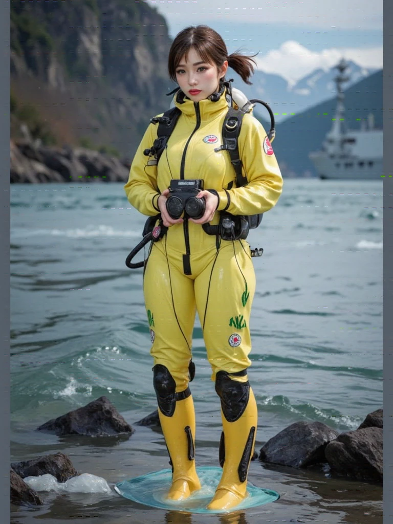 A documentary photo, Photo-realistic, ultra-realistic, (Japanese beautiful young woman, famous Japanese idol, boyish cool face:1.3), wetlook rubberish yellow clothes,, she is a military diver of Japan navy, experienced military diver, wearing a professional wetsuits for military diver with professional scuba equipment, She is on a shlre, She is preparing to scuba dive for a lifesaving mission, there is a large battle ship behind her,, Natural Makeup, boyish face ,Front View:1.21, Perfect Anatomy:1.21, Small head:1.21, Slender body:1.37, Narrow waist:1.5, Thin limbs:1.5, Flat Chest:1.5, Anatomically correct limbs, Diving Suits warm  wetlook (high smooth turtleneck collar), Fully equipped for diving, Very cute Japanese woman, Brown Hair, Chignon Hair, Calm sea in qinter, Dynamic and emotional movie lighting, 