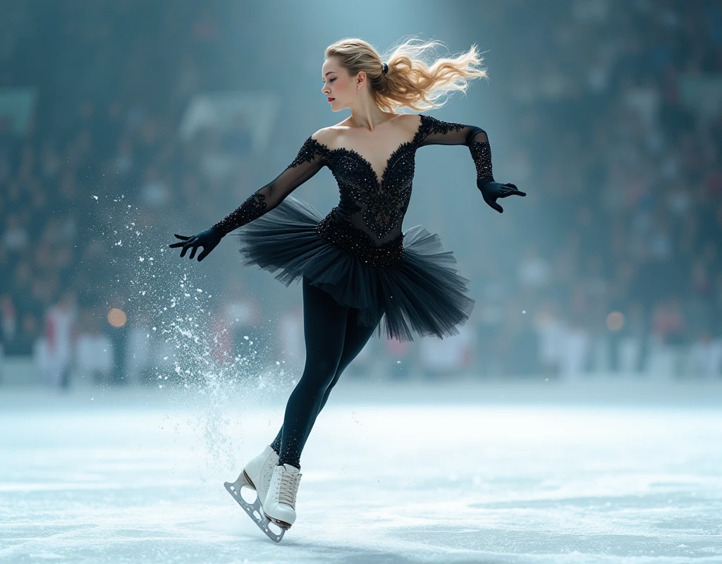 ((UHD, masterpiece, anatomically correct, super detail, high details, best quality,  highres icon, 8k)),  Figure Skating, Slim Man , Flowing blonde hair, Black Swan inspired costume, Continuous synthesis of 4-turn jumps from jumping to icing, 8K wallpaper