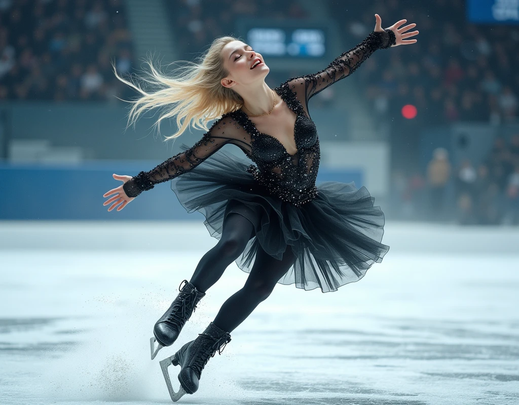 ((UHD, masterpiece, anatomically correct, super detail, high details, best quality,  highres icon, 8k)),  Figure Skating, Slim Man , Flowing blonde hair, Black Swan inspired costume, Continuous synthesis of 4-turn jumps from jumping to icing, 8K wallpaper