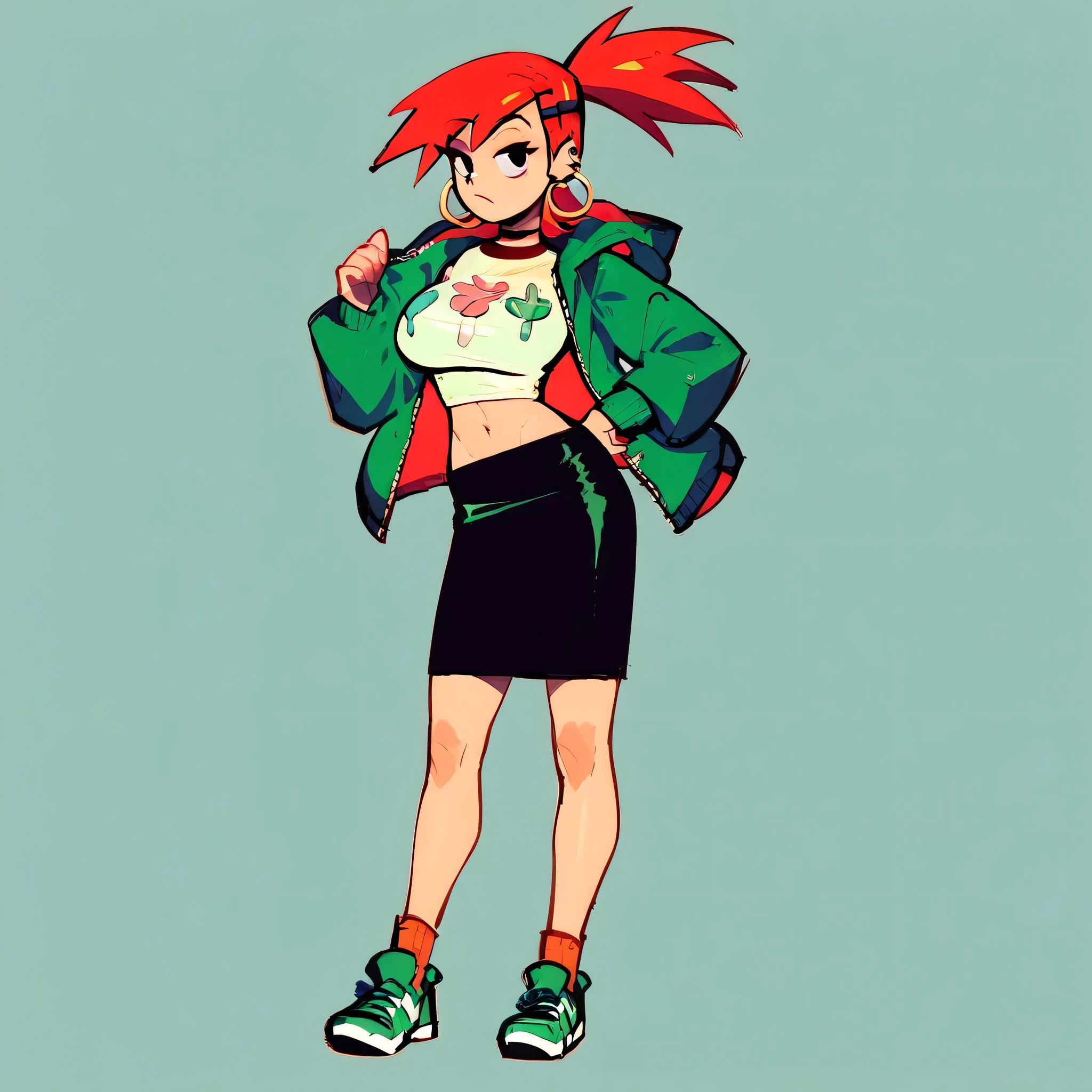 frankie foster, girl, solo, skirt, red hair, midriff, black skirt, green jacket, zipper, white shirt, black eyes, standing, full body, big breasts, earrings, clip in hair, sketch