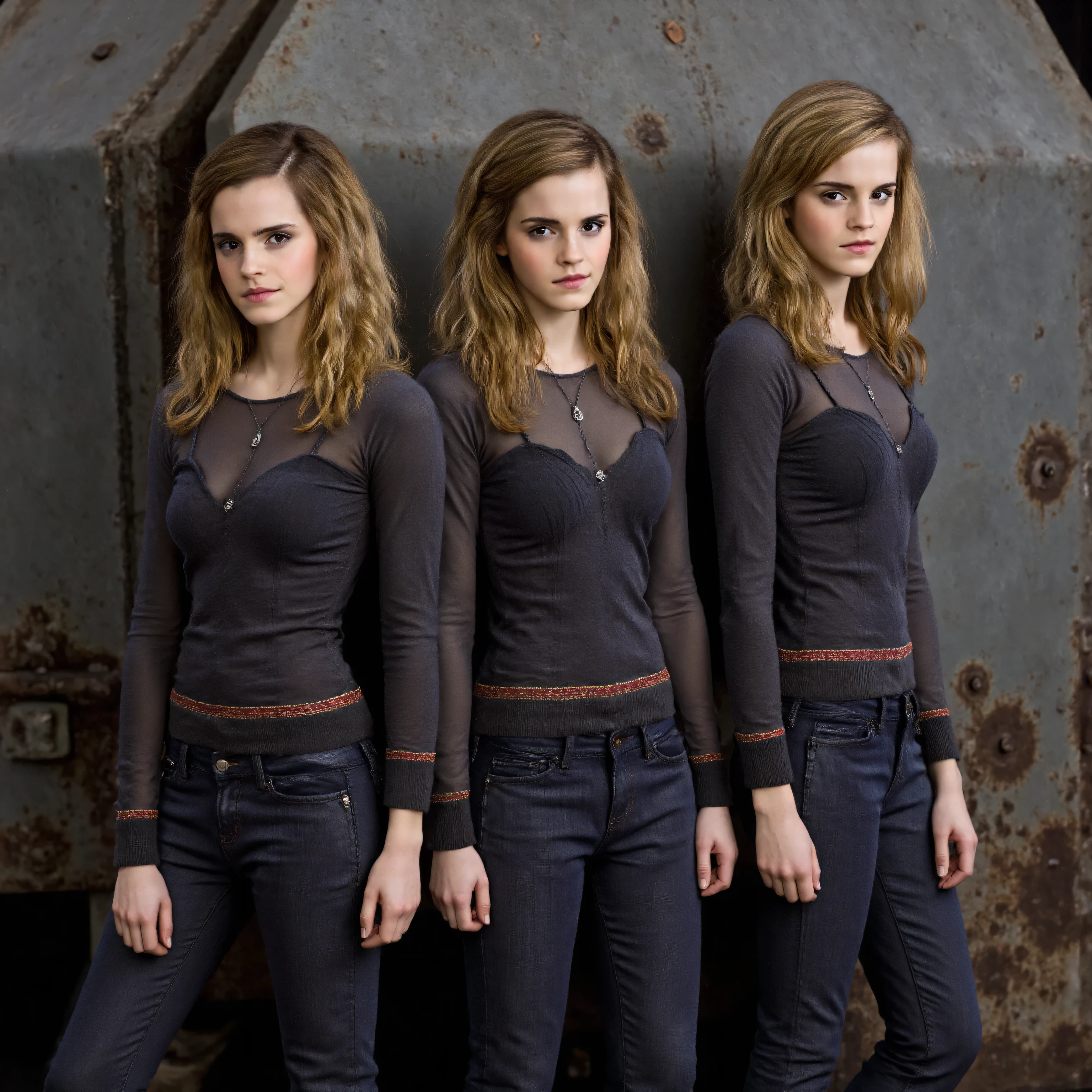 3 girls, perfect likeness of young Emma Watson SDXL wearing blue and gold vaultgirl. Goggles on one girl, clothing torn, girls clothes and faces are dirty from battle. All girls ite and slim, small girls, short girls, fine detailed eyes, weapons slung over shoulders, leaning against a war vehicle, dented and rusty. , professionally color graded, professional photography, well drawn, masterpiece, hyper realistic, ultra detailed, high quality, best quality, 4k, 8k, hi resolution, very young girl, young face, cute, beautiful, ((NSFW、realistic)),
