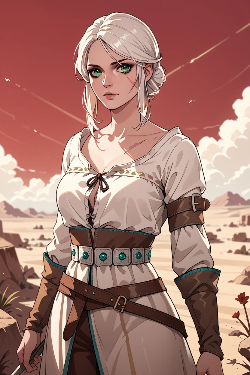 score_9, score_8_up, score_7_up, score_6_up
CiriWitcher, 1girl, white hair, green eyes, scar, looking at viewer,stands beneath a blood-red sky in a moonlit desert