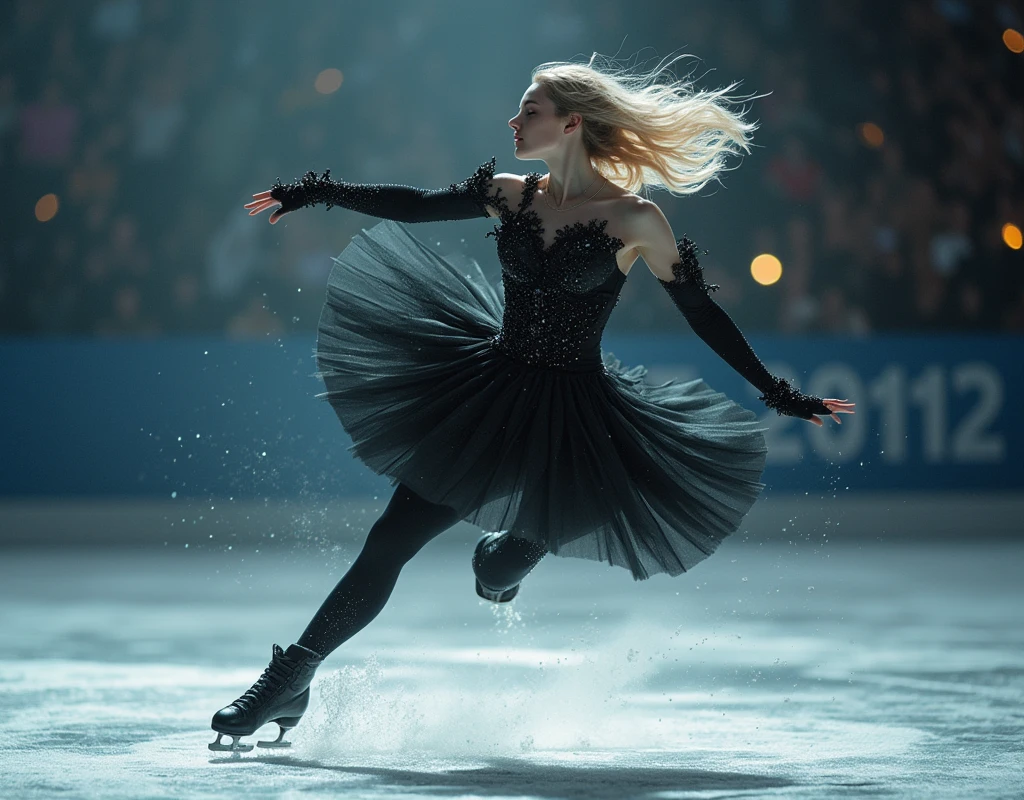 ((UHD, masterpiece, anatomically correct, super detail, high details, best quality,  highres icon, 8k)),  Figure Skating, Slim Man , Flowing blonde hair, Black Swan inspired costume, Continuous composite photo from jumping to freezing in a 4-turn jump, Time-lapse:1.5, 8K wallpaper