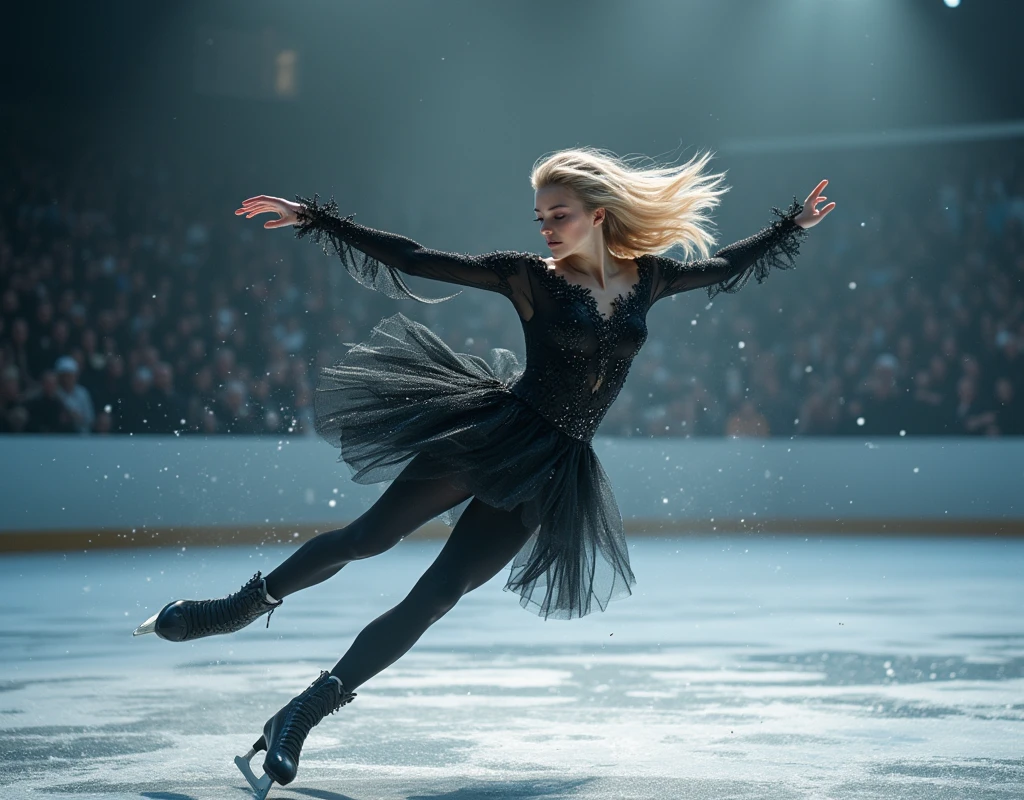 ((UHD, masterpiece, anatomically correct, super detail, high details, best quality,  highres icon, 8k)),  Figure Skating, Slim Man , Flowing blonde hair, Black Swan inspired costume, Continuous composite photo from jumping to freezing in a 4-turn jump, Time-lapse:1.5, 8K wallpaper