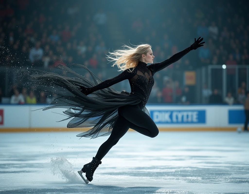 ((UHD, masterpiece, anatomically correct, super detail, high details, best quality,  highres icon, 8k)),  Figure Skating, Slim Man , Flowing blonde hair, Black Swan inspired costume, Continuous composite photo from jumping to freezing in a 4-turn jump, Time-lapse:1.5, 8K wallpaper