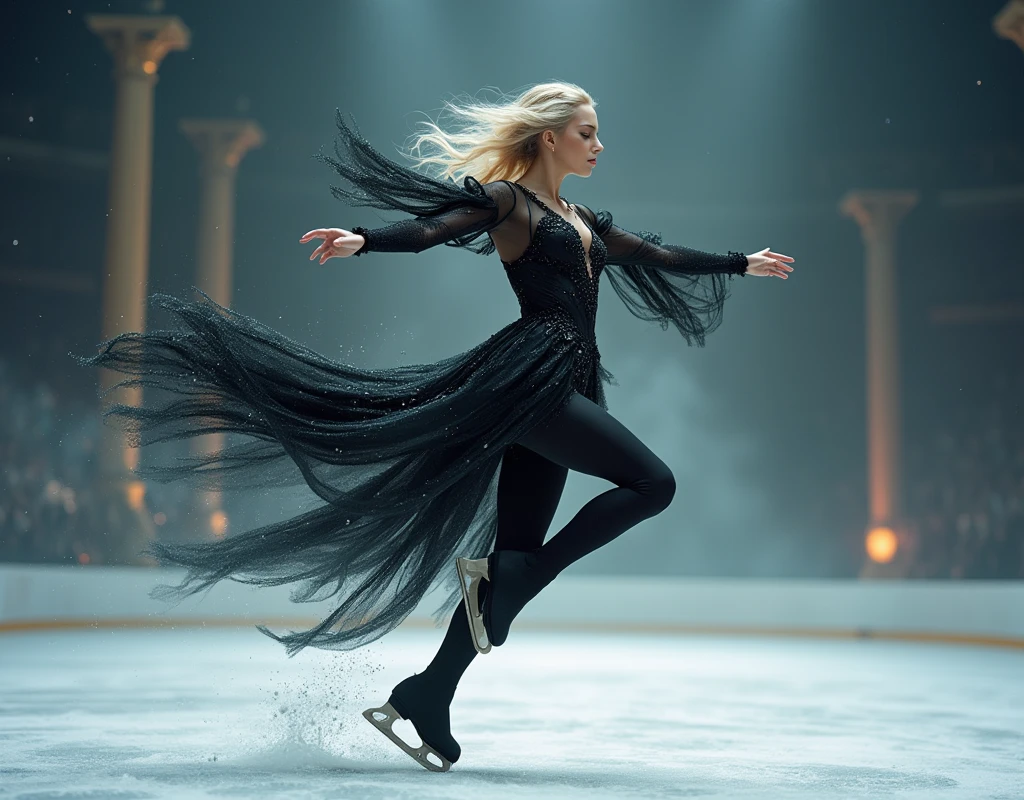 ((UHD, masterpiece, anatomically correct, super detail, high details, best quality,  highres icon, 8k)),  Figure Skating, Slim Man , Flowing blonde hair, Black Swan inspired costume, Continuous composite photo from jumping to freezing in a 4-turn jump, Time-lapse:1.5, 8K wallpaper