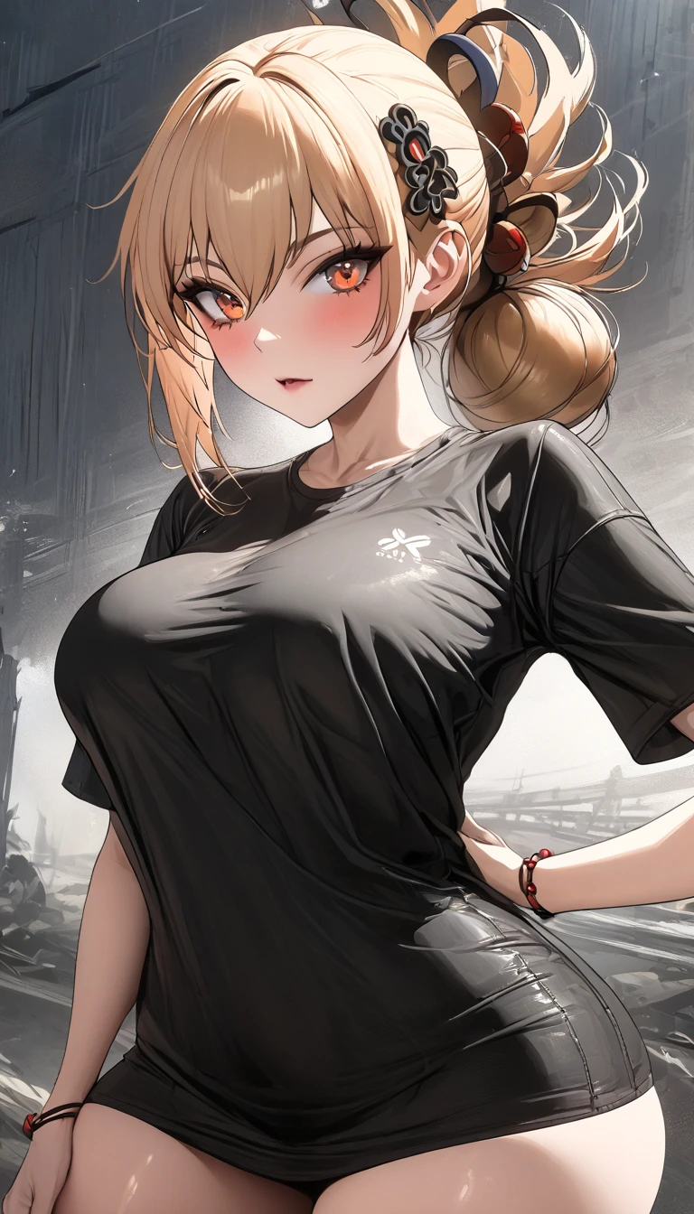 (best quality:1.2), (masterpiece:1.2), (absurdres:1.2), (detailed background), looking at viewer, (shiny skin), cowboy shot,outdoors, day with sunlight, standing, thighhighs, chignon, sleek, side bang, (straight hair),oversized clothes, large breasts, curious face,hand behind back, core_9, score_8_up, score_7_up, (sfw), (cowboy shot, dutch angle:1.2), 1girl, solo, mature female, thigh strap,skin pores, score_9, score_8_up, score_7_up, (sfw), (cowboy shot, dutch angle:1.2), big breasts, dynamic angle, cleavage ,mature female, yoimiya, bangs, blonde hair, hair ornament, hair between eyes, ponytail, sidelocks, orange eyes, light brown hair,whole body, (negative_v2 Color_Balance_Calibration:0.8), unaestheticXL_cbp62 , negativeXL_D, aidxlv05_neg
