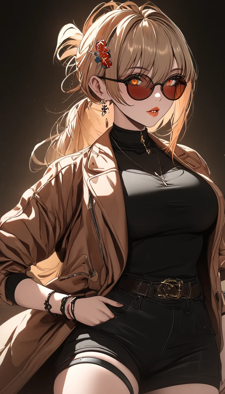 1girl, sunglasses, brown coat, dark turtleneck, small earrings, baggy jeans, plain background, 8k, highres, dramatic lighting, cinematic, elegant, beautiful detailed eyes, beautiful detailed lips, extremely detailed face, long eyelashes, fashion portrait, ft colors, pastel colors, warm tones, full body shot, mature female, thigh strap,skin pores, score_9, score_8_up, score_7_up, (sfw), (cowboy shot, dutch angle:1.2), big breasts, dynamic angle, cleavage ,mature female, yoimiya, bangs, blonde hair, hair ornament, hair between eyes, ponytail, sidelocks, orange eyes, light brown hair,whole body, (negative_v2 Color_Balance_Calibration:0.8), unaestheticXL_cbp62 , negativeXL_D, aidxlv05_neg