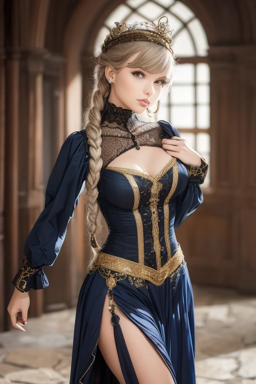 Taylor Swift with silver eyes and pale gold hair in a braided crown around her head and a thin silver chain across her forehead. She wears an indigo blue damask gown with a rounded neckline and long tight wrist length sleeves that widen at the elbows, with an edging of gold at the neckline and the wide sleeve cuffs, with a slightly full skirt split in front to show a gold underskirt and a gold girdle at the waist.