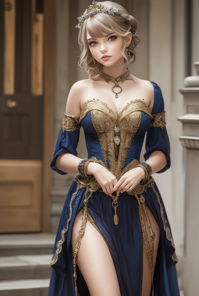 Taylor Swift with silver eyes and pale gold hair in a braided crown around her head and a thin silver chain across her forehead. She wears an indigo blue damask gown with a rounded neckline and long tight wrist length sleeves that widen at the elbows, with an edging of gold at the neckline and the wide sleeve cuffs, with a slightly full skirt split in front to show a gold underskirt and a gold girdle at the waist.