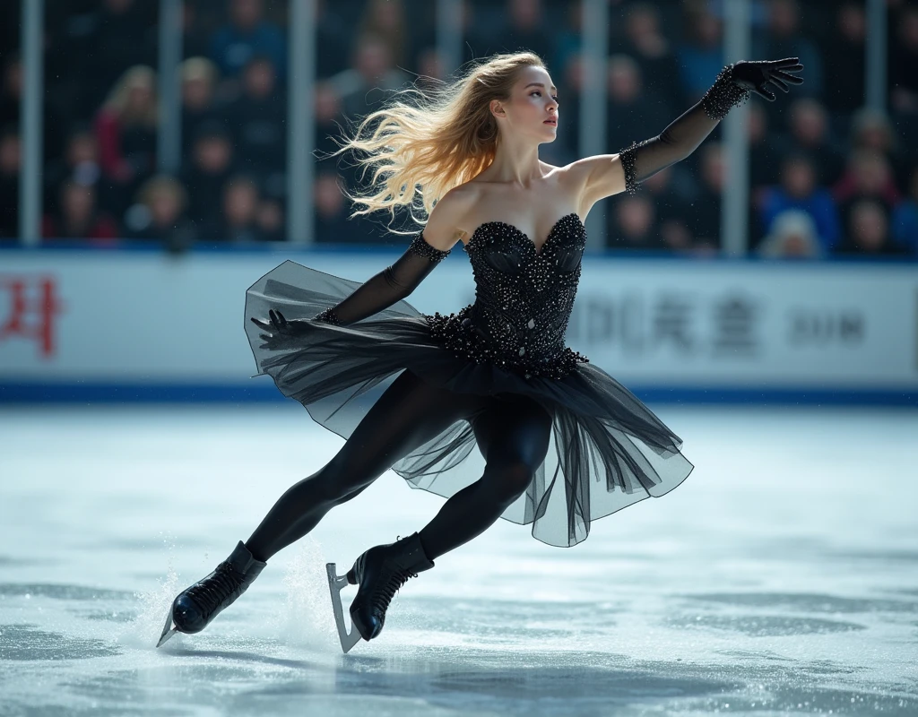 ((UHD, masterpiece, anatomically correct, super detail, high details, best quality,  highres icon, 8k)),  Figure Skating, 1man, Slim Man , Flowing blonde hair, Black Swan inspired costume, (4-turn jump ,  continuous composite photo from jump to icing:1.5, Time-lapse:1.5, Fujicolor, Canon), 8K wallpaper