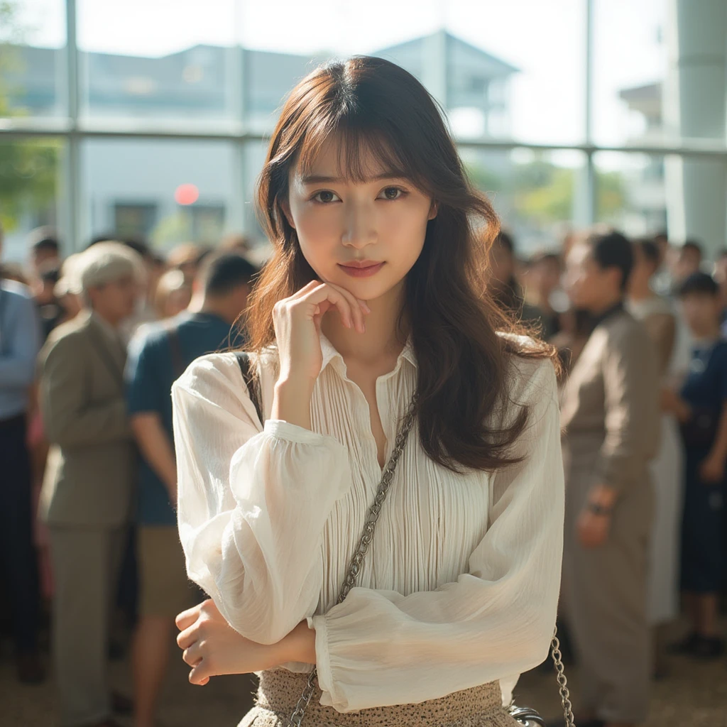 The image is a close-up portrait of a young cute asian woman standing in front of a large group of people. She is wearing a white blouse with a pleated design and a high-waisted skirt. Her hair is styled in loose waves and falls over her shoulders. She has a silver chain bag slung over her shoulder and her left hand is resting on her chin. The woman is looking directly at the camera with a serious expression on her face. Behind her, there is a large window with an outdoor view of a building and some greenery. The background is blurred, but it appears to be an open area with a gravel path. The sunlight is shining on the woman and the people, creating a warm and inviting atmosphere.