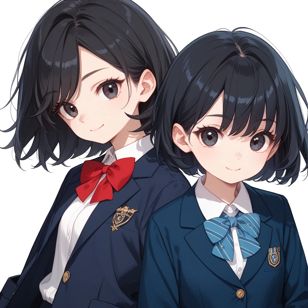   top quality, (15yo:1.0),  black hair, bright hair, medium wolf cut hair, swept bangs, school uniform, Unbreakable fingers,  top qualityの指, smile,  closed mouth, Dark Eyes,  blazer, Navy blue clothes,  Red Ribbons , ish, Round eyes, School,