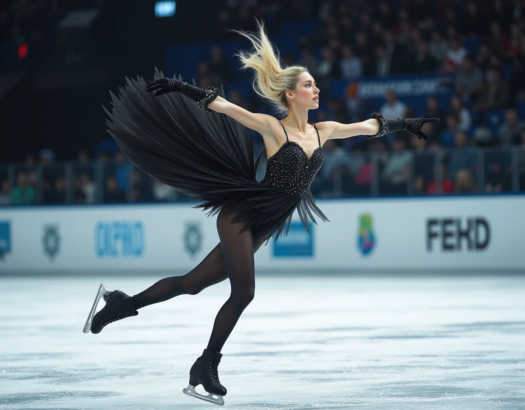 ((UHD, masterpiece, anatomically correct, super detail, high details, best quality,  highres icon, 8k)),  Figure Skating, (4-turn jump ,  continuous composite photo from jumping to icing:1.5, Time-lapse :1.5, Fujicolor, Canon), 1man, Slim Man , Flowing blonde hair, Black Swan inspired costume, 8K wallpaper