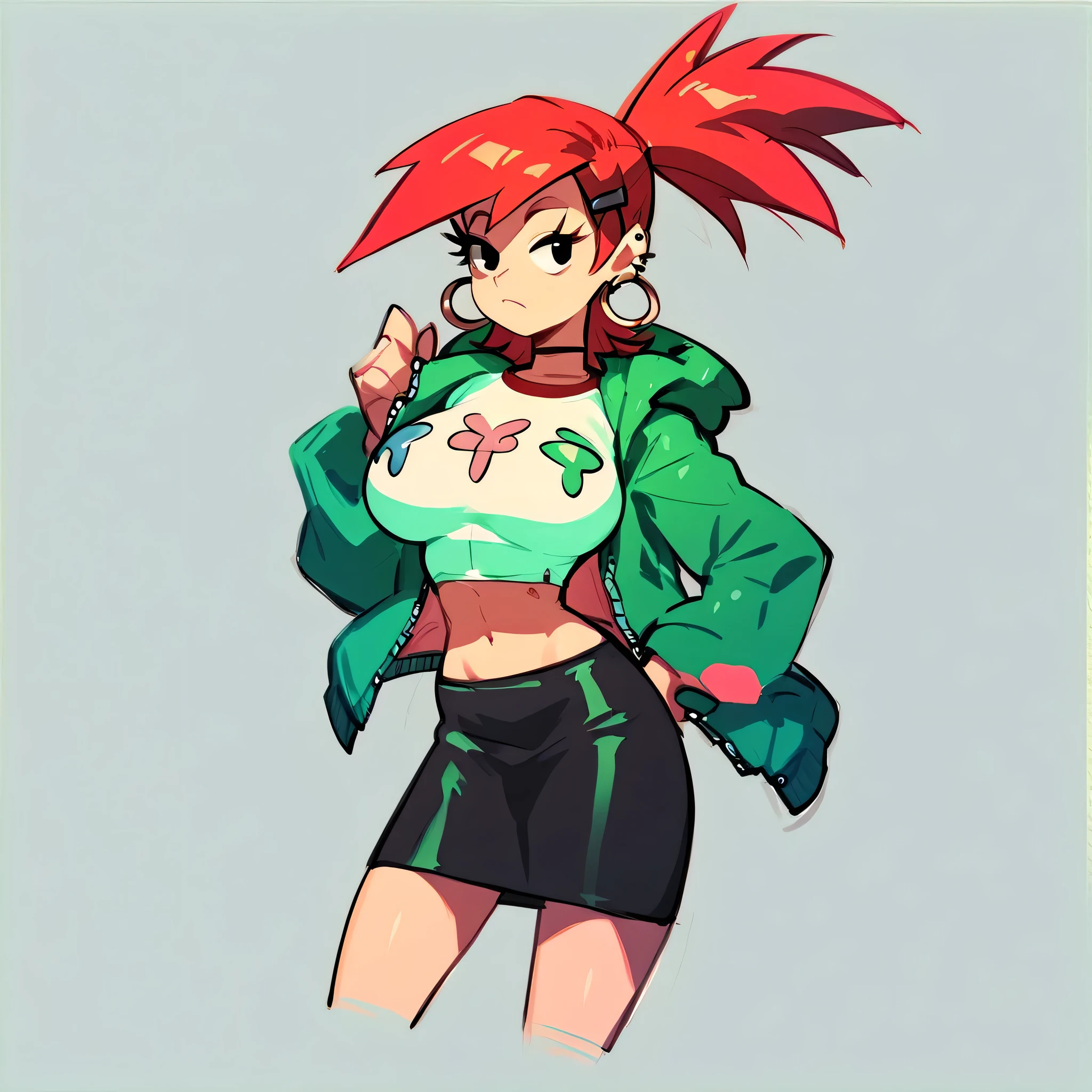 frankie foster, girl, solo, skirt, red hair, midriff, black skirt, green jacket, zipper, white shirt, black eyes, standing, full body, big breasts, earrings, clip in hair, sketch, background sketch