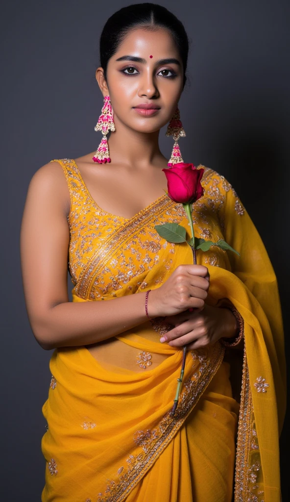 Hot and sexy Indian aunty, beautiful medium size breasts, cleavage, mustard color saree transparent (afternoon time), standing & model pose holding a rose, beautiful body, masterpiece, ultra realistic, detailed, 16 k , Dim light, potrait photography, camera angle front, looking at viewer, navel exposes, hourglass figure,  dark background, stunning beauty, sexy indian, nude, wearing red bangles, wearing wedding necklace, body facing camera, ear ring, showing perfect round medium breasts,realistic, photorealistic, photo-realistic:1.37, HDR, UHD, studio lighting, ultra-fine painting, sharp focus, physically-based rendering, extreme detail description, professional, vivid colors, bokeh, portraits, photography, normal expression