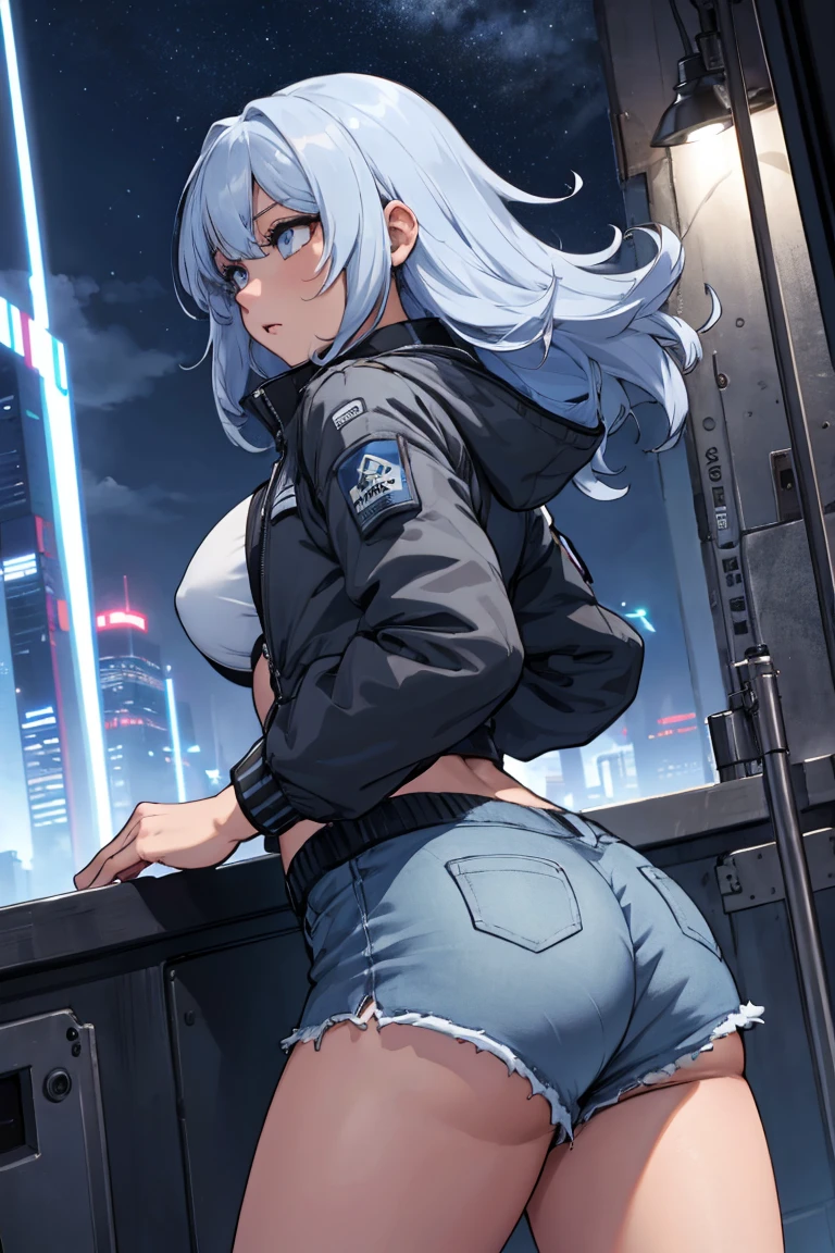 woman,25 years old,,city,night,(((white and blue tight miniskirt bodysuit))),,open mouth smile(())(glasses),((beautiful long ponytail)),(()),blush、surprised face,((())),((turn around and look back))wet with sweat