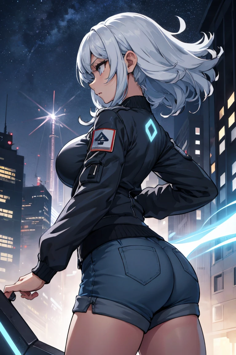 woman,25 years old,,city,night,(((white and blue tight miniskirt bodysuit))),,open mouth smile(())(Glasses),((Beautiful long ponytail)),(()),blush、surprised face,((())),((look back))wet with sweat