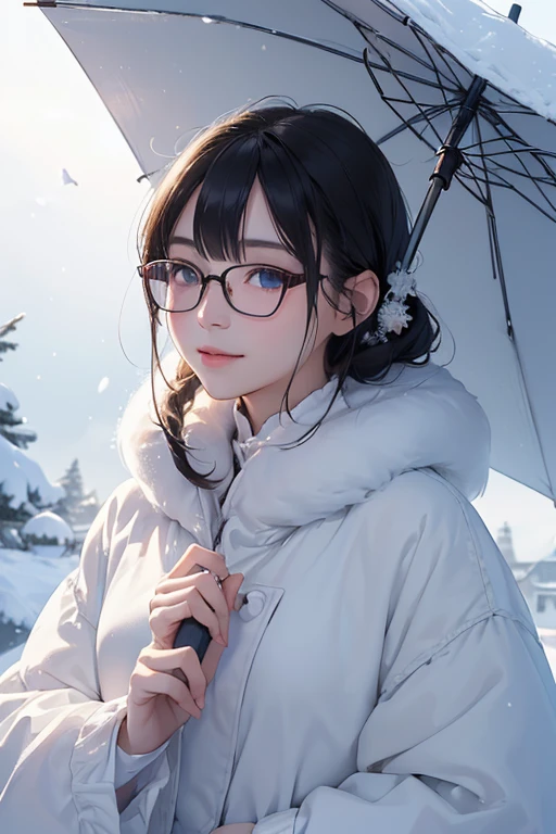 (( top quality)), ((傑 top quality、masterpiece、High sensitivity、 high definition 、 detailed description 、 Delicate Facial Description)), Slender woman、Glasses、Snow Temple 、 fluffy coat、 look up at the sky without holding up an umbrella、 smiles、