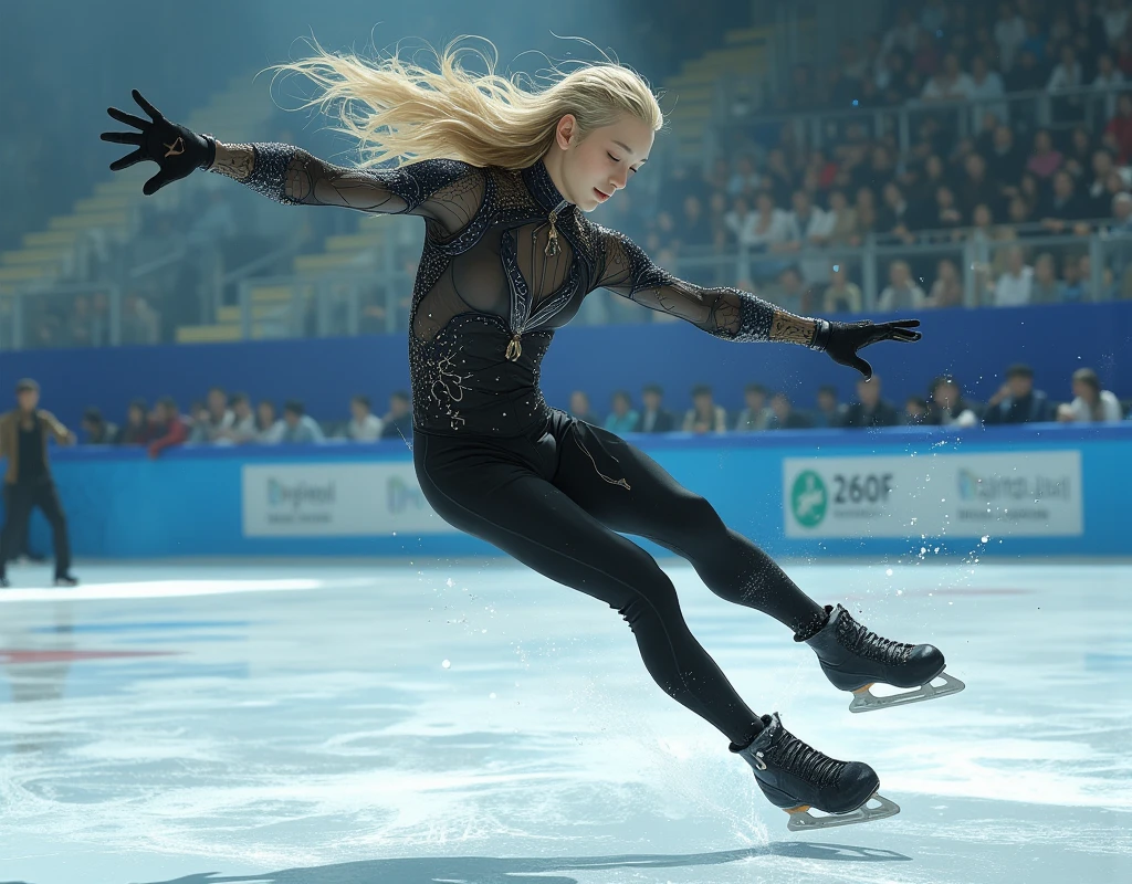 ((UHD, masterpiece, anatomically correct, super detail, high details, best quality,  highres icon, 8k)),  Figure Skating, (4-turn jump ,  continuous composite photo from jumping to icing:1.5, Time-lapse :1.5, Fujicolor, Canon), 1man, Slim Man , Flowing blonde hair, Black Swan inspired costume, 8K wallpaper