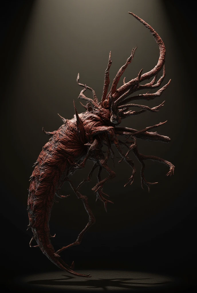 A large, red, insect creature with huge mandibles, long antennae, and a pincer-like tail, highly detailed, insect predator, 8k, cinematic lighting, intricate textures, fantasy creature, dark and atmospheric, moody colors, dramatic lighting