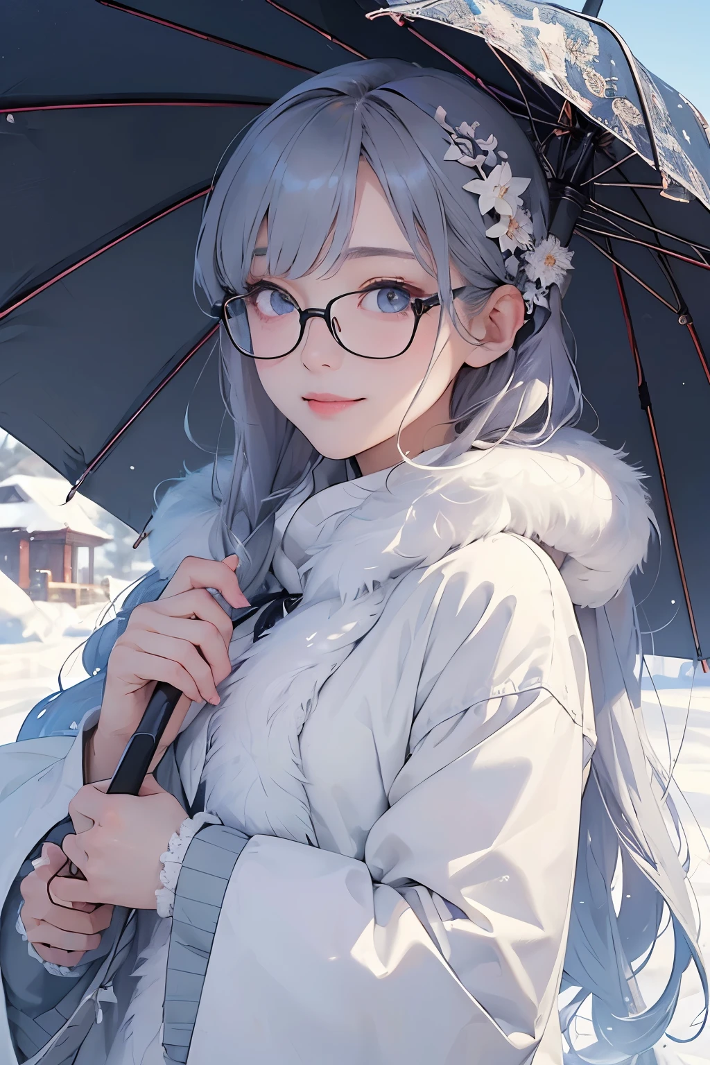 (( top quality)), ((傑 top quality、masterpiece、High sensitivity、 high definition 、 detailed description 、 Delicate Facial Description)), Slender woman、Glasses、Snow Temple 、 fluffy coat、 look up at the sky without holding up an umbrella、 smiles、