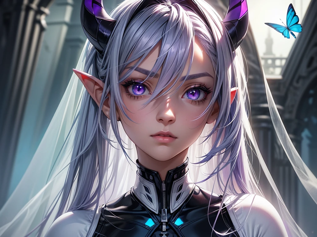 (masterpiece, best quality) detailed, 1Character , blue archive art style , wearing Black bodysuit, silver accents , zip up , futuristic, shiny , Beautiful woman , pale skin , purple eyes ,elegant, regal , pure white hair , pointed ears ,horns, long eyelashes , age 23, , pastel washed out colors , cell shade ,EyeDetailerXL,,(EyesHD:1.2),(masterpiece),(best quality),(ultra-detailed),(very aesthetic),(sharp focus),(depth of field),(vibrant colors),(ray tracing),(best lighting),(detailed illustration),(detailed background),8k,(cinematic),(beautiful face),(beautiful eyes),blue_butterfly, blue_hair highlights, blue_nails, iamond-shaped_pupils, diamond_(shape), dress, hair_between_eyes, long_hair, purple_eyes, purple_pupils, sidelocks, solo symbol-shaped_pupils, white_dress, white_veil,