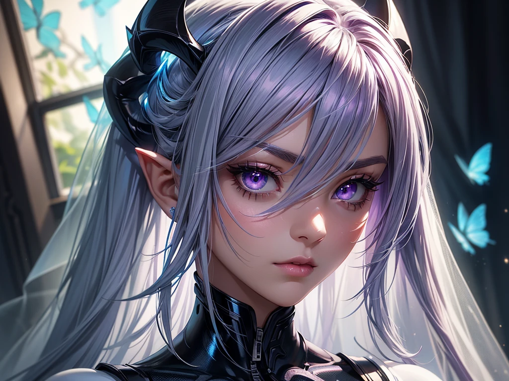 (masterpiece, best quality) detailed, 1Character , blue archive art style , wearing Black bodysuit, silver accents , zip up , futuristic, shiny , Beautiful woman , pale skin , purple eyes ,elegant, regal , pure white hair , pointed ears ,horns, long eyelashes , age 23, , pastel washed out colors , cell shade ,EyeDetailerXL,,(EyesHD:1.2),(masterpiece),(best quality),(ultra-detailed),(very aesthetic),(sharp focus),(depth of field),(vibrant colors),(ray tracing),(best lighting),(detailed illustration),(detailed background),8k,(cinematic),(beautiful face),(beautiful eyes),blue_butterfly, blue_hair highlights, blue_nails, iamond-shaped_pupils, diamond_(shape), dress, hair_between_eyes, long_hair, purple_eyes, purple_pupils, sidelocks, solo symbol-shaped_pupils, white_dress, white_veil,