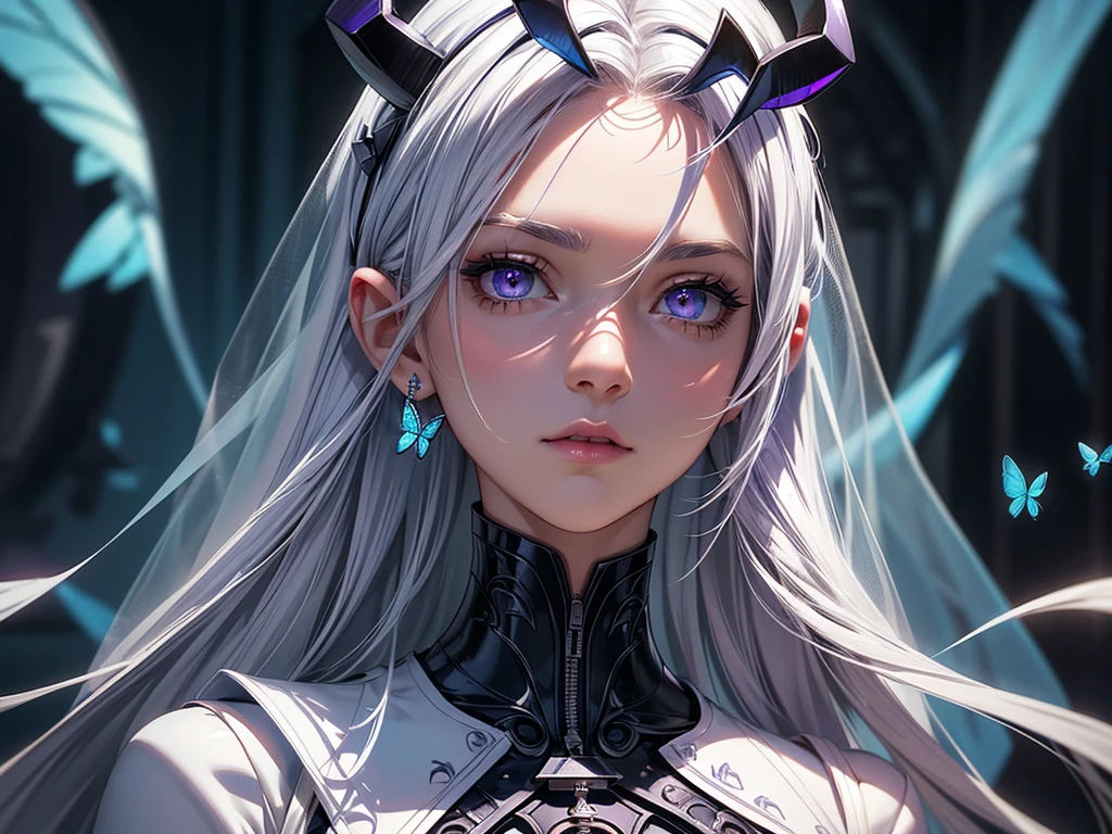 (masterpiece, best quality) detailed, 1Character , blue archive art style , wearing Black bodysuit, silver accents , zip up , futuristic, shiny , Beautiful woman , pale skin , purple eyes ,elegant, regal , pure white hair , pointed ears ,horns, long eyelashes , age 23, , pastel washed out colors , cell shade ,EyeDetailerXL,,(EyesHD:1.2),(masterpiece),(best quality),(ultra-detailed),(very aesthetic),(sharp focus),(depth of field),(vibrant colors),(ray tracing),(best lighting),(detailed illustration),(detailed background),8k,(cinematic),(beautiful face),(beautiful eyes),blue_butterfly, blue_hair highlights, blue_nails, iamond-shaped_pupils, diamond_(shape), dress, hair_between_eyes, long_hair, purple_eyes, purple_pupils, sidelocks, solo symbol-shaped_pupils, white_dress, white_veil,