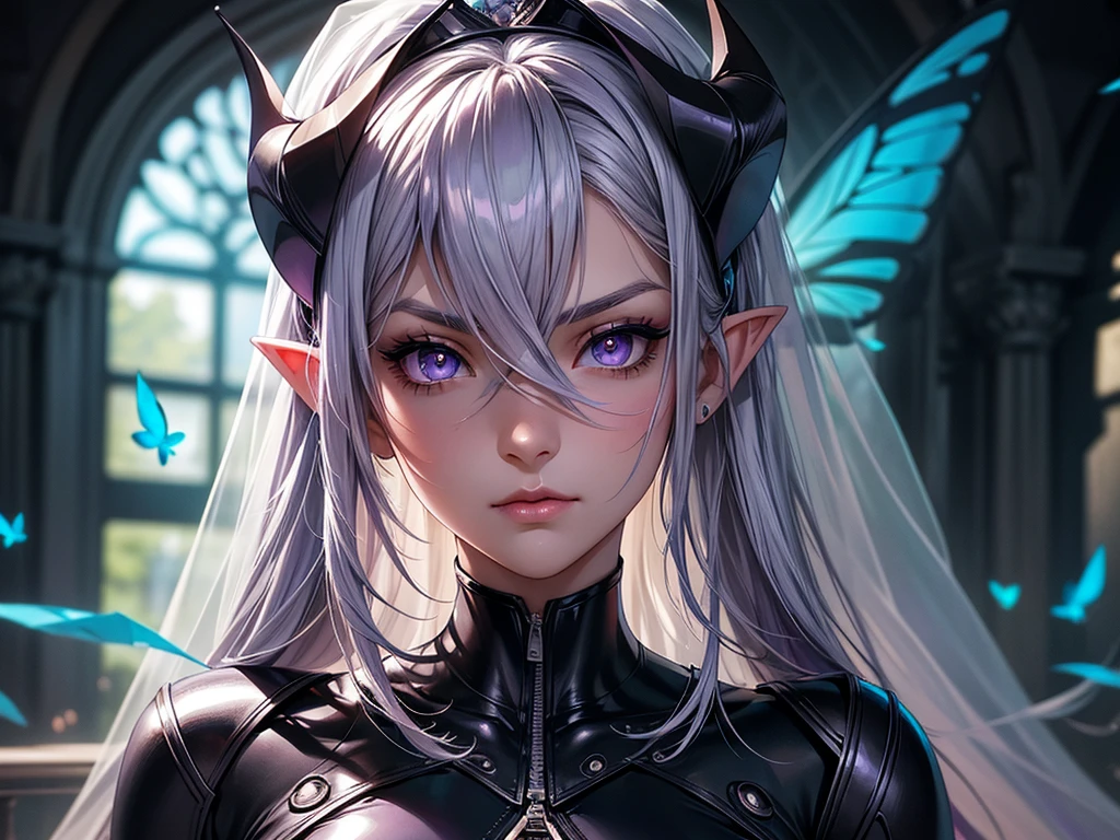 (masterpiece, best quality) detailed, 1Character , blue archive art style , wearing Black bodysuit, silver accents , zip up , futuristic, shiny , Beautiful woman , pale skin , purple eyes ,elegant, regal , pure white hair , pointed ears ,horns, long eyelashes , age 23, , pastel washed out colors , cell shade ,EyeDetailerXL,,(EyesHD:1.2),(masterpiece),(best quality),(ultra-detailed),(very aesthetic),(sharp focus),(depth of field),(vibrant colors),(ray tracing),(best lighting),(detailed illustration),(detailed background),8k,(cinematic),(beautiful face),(beautiful eyes),blue_butterfly, blue_hair highlights, blue_nails, iamond-shaped_pupils, diamond_(shape), dress, hair_between_eyes, long_hair, purple_eyes, purple_pupils, sidelocks, solo symbol-shaped_pupils, white_dress, white_veil,