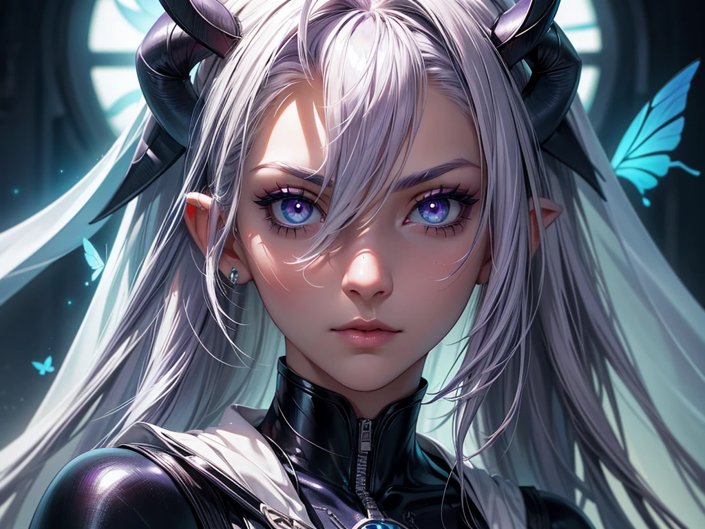 (masterpiece, best quality) detailed, 1Character , blue archive art style , wearing Black bodysuit, silver accents , zip up , futuristic, shiny , Beautiful woman , pale skin , purple eyes ,elegant, regal , pure white hair , pointed ears ,horns, long eyelashes , age 23, , pastel washed out colors , cell shade ,EyeDetailerXL,,(EyesHD:1.2),(masterpiece),(best quality),(ultra-detailed),(very aesthetic),(sharp focus),(depth of field),(vibrant colors),(ray tracing),(best lighting),(detailed illustration),(detailed background),8k,(cinematic),(beautiful face),(beautiful eyes),blue_butterfly, blue_hair highlights, blue_nails, iamond-shaped_pupils, diamond_(shape), dress, hair_between_eyes, long_hair, purple_eyes, purple_pupils, sidelocks, solo symbol-shaped_pupils, white_dress, white_veil,