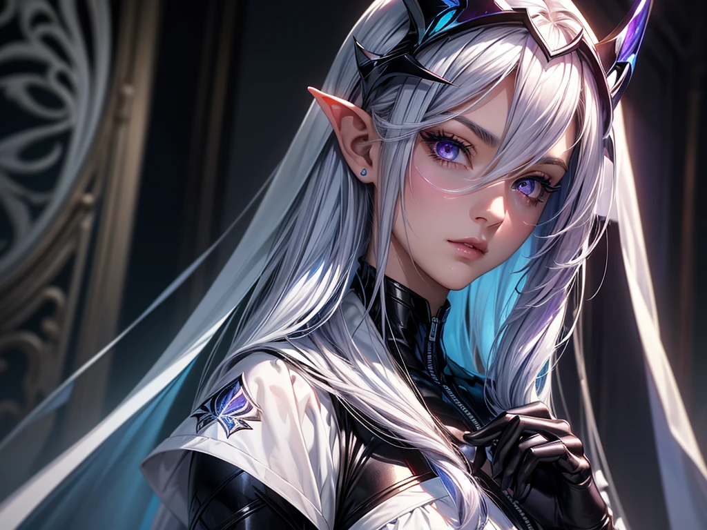 (masterpiece, best quality) detailed, 1Character , blue archive art style , wearing Black bodysuit, silver accents , zip up , futuristic, shiny , Beautiful woman , pale skin , purple eyes ,elegant, regal , pure white hair , pointed ears ,horns, long eyelashes , age 23, , pastel washed out colors , cell shade ,EyeDetailerXL,,(EyesHD:1.2),(masterpiece),(best quality),(ultra-detailed),(very aesthetic),(sharp focus),(depth of field),(vibrant colors),(ray tracing),(best lighting),(detailed illustration),(detailed background),8k,(cinematic),(beautiful face),(beautiful eyes),blue_butterfly, blue_hair highlights, blue_nails, iamond-shaped_pupils, diamond_(shape), dress, hair_between_eyes, long_hair, purple_eyes, purple_pupils, sidelocks, solo symbol-shaped_pupils, white_dress, white_veil,