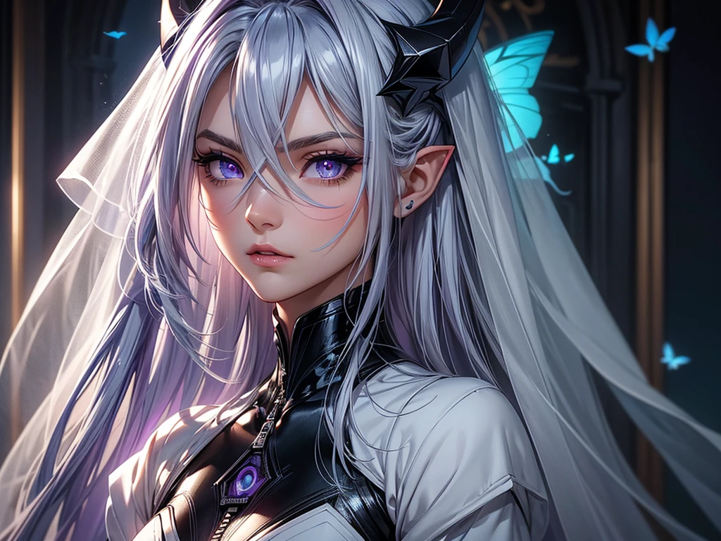 (masterpiece, best quality) detailed, 1Character , blue archive art style , wearing Black bodysuit, silver accents , zip up , futuristic, shiny , Beautiful woman , pale skin , purple eyes ,elegant, regal , pure white hair , pointed ears ,horns, long eyelashes , age 23, , pastel washed out colors , cell shade ,EyeDetailerXL,,(EyesHD:1.2),(masterpiece),(best quality),(ultra-detailed),(very aesthetic),(sharp focus),(depth of field),(vibrant colors),(ray tracing),(best lighting),(detailed illustration),(detailed background),8k,(cinematic),(beautiful face),(beautiful eyes),blue_butterfly, blue_hair highlights, blue_nails, iamond-shaped_pupils, diamond_(shape), dress, hair_between_eyes, long_hair, purple_eyes, purple_pupils, sidelocks, solo symbol-shaped_pupils, white_dress, white_veil,