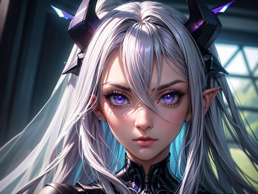 (masterpiece, best quality) detailed, 1Character , blue archive art style , wearing Black bodysuit, silver accents , zip up , futuristic, shiny , Beautiful woman , pale skin , purple eyes ,elegant, regal , pure white hair , pointed ears ,horns, long eyelashes , age 23, , pastel washed out colors , cell shade ,EyeDetailerXL,,(EyesHD:1.2),(masterpiece),(best quality),(ultra-detailed),(very aesthetic),(sharp focus),(depth of field),(vibrant colors),(ray tracing),(best lighting),(detailed illustration),(detailed background),8k,(cinematic),(beautiful face),(beautiful eyes),blue_butterfly, blue_hair highlights, blue_nails, iamond-shaped_pupils, diamond_(shape), dress, hair_between_eyes, long_hair, purple_eyes, purple_pupils, sidelocks, solo symbol-shaped_pupils, white_dress, white_veil,